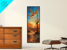 Load image into Gallery viewer, Arizona Desert Landscape with Saguaro Cactus at Sunset on a Framed Canvas Print Skinny Art Piece