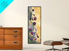 Load image into Gallery viewer, Deep Purple Pansy Flowers Against Textured Gold Background on Tall Vertical Canvas Print for Rich Floral Wall Decor