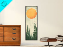 Carregar imagem no visualizador da galeria, Abstract Sun Over Forest Silhouette Earth Tones Skinny Art Tall Art Framed Canvas Print Japanese Style Art Ukiyo-e Art Wood Block Print Minimalist