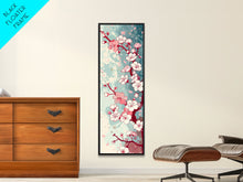 Load image into Gallery viewer, Delicate Pink Flowers On Branch Gentle Tones Skinny Art Tall Art Framed Canvas Print Japanese Style Art Ukiyo-e Art Wood Block Print Floral