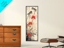 Load image into Gallery viewer, Blossoming Pink Flowers Bold Red Accents Skinny Art Tall Art Framed Canvas Print Japanese Style Art Ukiyo-e Art Wood Block Print Feminine