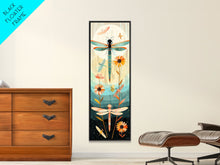 Load image into Gallery viewer, Dragonfly Gathering Night Glow Vibrant Colors Skinny Art Tall Art Framed Canvas Print Japanese Style Art Ukiyo-e Art Wood Block Print Insect Art