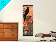 Load image into Gallery viewer, Black Bird On Flowering Branch With Orange Background Tall Art Skinny Art Framed Canvas Print Japanese Style Art Ukiyo-e Wood Block Print