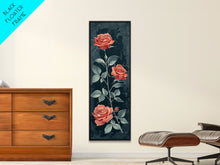 Load image into Gallery viewer, Deep Red Roses With Dark Green Foliage Skinny Art Tall Art Framed Canvas Print Japanese Style Art Ukiyo-e Art Wood Block Print Elegant Floral