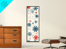 Cargar imagen en el visor de la galería, Festive Snowflakes In Red, Blue, And White On A Cream Background, Skinny Art Tall Wall Art Framed Canvas Print Japanese Style Art
