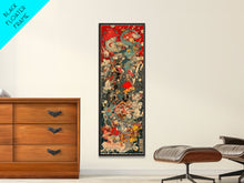Cargar imagen en el visor de la galería, Complex Samurai Battle Scene With Mythical Creatures Framed Canvas Print Ukiyo-e Wall Art Wood Block Print Tall Art Japanese Style Skinny Art