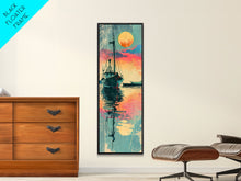 Carregar imagem no visualizador da galeria, Fishing Boat Reflecting in Water with Vibrant Sunset, Japanese Art-Inspired Tall Framed Canvas Print for Wall Art