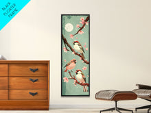 Load image into Gallery viewer, Delicate Sparrows Perched On Cherry Blossoms Under Full Moon Serene Nighttime Setting Captured Tall Framed Canvas Print Nature Scene