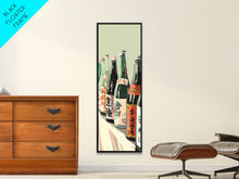 Load image into Gallery viewer, Array Of Japanese Sake Bottles With Minimalistic Labels Arranged Simple Composition Captured Tall Framed Canvas Print Bar Decor