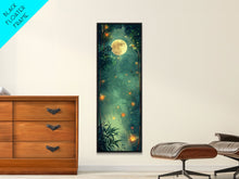 Load image into Gallery viewer, Enchanting Fireflies Illuminating Nighttime Forest Scene Under Full Moon Tall Framed Canvas Print Adding Magical Touch