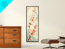 Cargar imagen en el visor de la galería, Cherry Blossom Japanese Art Skinny Wall Art Framed Canvas Print in Light Pastel Colors on Branch Against Subtle Green Background