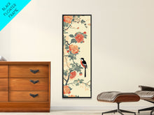 Load image into Gallery viewer, Bird Among Camellia Flowers On Light Background Skinny Art Ukiyo-e Wood Block Print Framed Canvas Print
