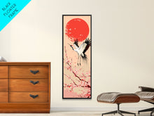 Load image into Gallery viewer, Elegant Crane Bird In Mid-flight Against Bold Red Sun Ukiyo-e Tall Skinny Wood Block Framed Canvas Print Japanese Style Art
