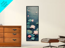 Carregar imagem no visualizador da galeria, Calm Water Lilies Floating On Still Pond With Subtle Ripples Ukiyo-e Skinny Tall Wood Block Framed Canvas Print Japanese Style Art