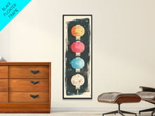Load image into Gallery viewer, Colorful Lanterns Hanging in a Vertical Row with Abstract Background - Skinny Art, Japanese Wall Decor, Framed Canvas Print, Ukiyo-e Style