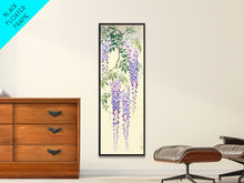 Cargar imagen en el visor de la galería, Cascading Wisteria Blossoms in Shades of Purple and Green - Skinny Art, Japanese Wall Decor, Framed Canvas Print, Ukiyo-e Style