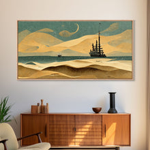 Load image into Gallery viewer, Art deco canvas print, pirate ship at sea beyond the sand dunes, living room wall art
