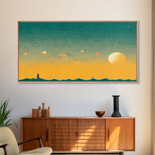 Load image into Gallery viewer, Art deco light house at sunset canvas print, sunset, vintage 20s style wall art, 30s style wall art, orange and turquoise sunset art