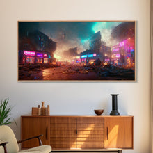 Load image into Gallery viewer, Destitute cyberpunk city with neon signs wall art, Bladerunner vibes art, synthwave style art, cool wall art