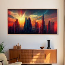 Load image into Gallery viewer, Cyberpunk canvas print, cyber punk city at sunset, Bladerunner vibes art, synthwave style art, cool wall art, night city