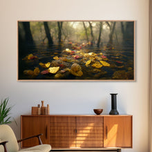 Carregar imagem no visualizador da galeria, Fall leaves floating down the river, autumn, landscape and nature canvas print, oil painting style, neutral wall art
