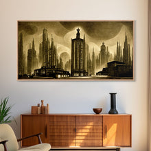 Load image into Gallery viewer, Dystopian Metropolis Art Deco Canvas Print, City Skyline, Fantasy Art, Art Deco Living Room Art, ready to hang wall art
