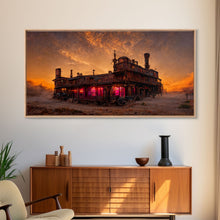 Load image into Gallery viewer, Dystopian steampunk wild west mashup, abandoned wild west saloon art, canvas print, ready to hang wall art