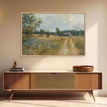 Load image into Gallery viewer, Blue Bonnets and Country Roads, Texas Art, Framed Canvas Print, Wood Frame Art, Metal Art, Metal Wall Art, Primitive Home Decor