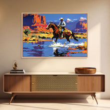 Load image into Gallery viewer, Crossing The Colorado River, Framed Canvas Print, Kitsch Western Wall Art, Colorful Western Painting Original Artwork, Pop Art Painting