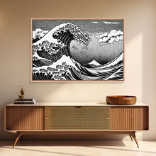 Load image into Gallery viewer, Black and White Wave Canvas Print, Hokusai Inspired Wall Art, Japanese Style Wall Art, Living Room Home Decor, Unique Wall Art