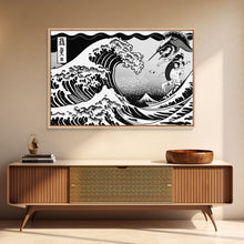 Load image into Gallery viewer, Beautiful Black and White Ocean Wave Wall art, Framed Canvas Print, Retro Japanese Inspired Hokusai Style Wave Art