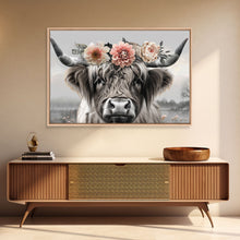 Load image into Gallery viewer, Cute Framed Canvas Wall Art, Cute Cow Wearing Flowers, Farmhouse Decor, Farmhouse Wall At, Extra Large Boho Decor, Minimalist Modern Art