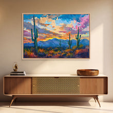 Carregar imagem no visualizador da galeria, Cactus Under A Beautiful Sunset, Pop Art Style, Mid Century Modern Framed Canvas Print or Metal Art, Desert Scene Wall Art, Abstract Desert
