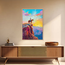 Load image into Gallery viewer, Cowboy on Cliff Edge at Sunrise - Colorful Western Landscape Painting, Framed Canvas Print, Sunrise Wall Art, Living Room Decor
