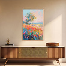 Load image into Gallery viewer, Blossoming Meadow with Trees - Framed Canvas Print, Peaceful Living Room Art, Serene Bedroom Decor, Vibrant Flower Art, Wall Art