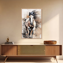 Cargar imagen en el visor de la galería, Charging Horse with Dust - Framed Canvas Print, Intense Living Room Art, Bold Bedroom Decor, Equestrian Art, Wall Art