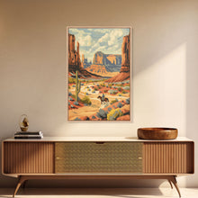 Load image into Gallery viewer, Cowboy in Southwestern Desert Landscape - Framed Canvas Print, Western Wall Art, Desert Scene Art, Cactus Decor for Living Room