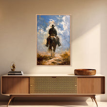 Load image into Gallery viewer, Cowboy Silhouette Riding Through the Plains - Framed Canvas Print, Western Art, Rustic Decor, Living Room Wall Art, Cowboy Themed Art