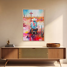 Carregar imagem no visualizador da galeria, Abstract Cowboy Kneeling by Cross Art - Framed Canvas Print, Modern Southwestern Decor, Vibrant Living Room Wall Art