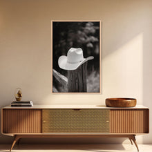 Load image into Gallery viewer, Cowboy Hat on a Wooden Fence Post in Rustic Black and White Photography for Western Home Decor, Canvas Prints, Wall Art for Living Room
