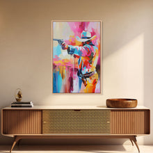 Load image into Gallery viewer, Dynamic Cowboy with Gun - Framed Canvas Print, Action-Packed Western Art, Bold Cowboy Wall Art for Living Room Decor