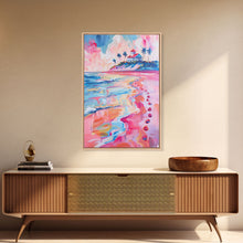 Load image into Gallery viewer, Colorful Tropical Beach Scene with Palm Tree - Framed Canvas Print, Vibrant Coastal Art, Living Room Decor, Beach Wall Art