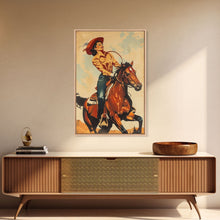 Load image into Gallery viewer, Dynamic Cowgirl on Horseback in Action | Framed Canvas Print | Western Wall Art | Living Room Decor | Rustic Home Decor