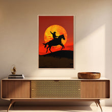 Load image into Gallery viewer, Cowboy Silhouette on Horseback at Sunset | Framed Canvas Print | Western Landscape Art | Rustic Cowboy Wall Art for Living Room