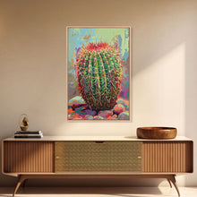 Load image into Gallery viewer, Bold Barrel Cactus Art with Red Spines - Framed Canvas Print, Vibrant Desert Decor, Living Room Art, Cactus Wall Art for Home