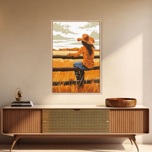Cargar imagen en el visor de la galería, Contemplative Cowgirl on Fence Framed Canvas Print - Serene Western Decor, Country Wall Art for Living Room, Bedroom Artwork