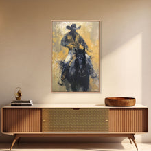 Load image into Gallery viewer, Cowboy in Full Gear Riding Horse - Framed Canvas Print, Western Wall Art, Rustic Decor, Living Room and Bedroom Art Print