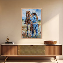 Load image into Gallery viewer, Cowboy on Rearing Horse Silhouette - Framed Canvas Print, Western Wall Art, Rustic Decor, Living Room and Bedroom Art Print