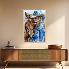 Load image into Gallery viewer, Cowgirl with Horse in Denim Outfit - Framed Canvas Print, Western Wall Art, Rustic Decor, Living Room and Bedroom Art Print