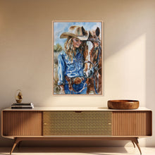 Load image into Gallery viewer, Cowgirl Preparing Horse for Ride - Framed Canvas Print, Western Wall Art, Rustic Decor, Living Room and Bedroom Art Print